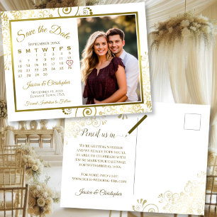 Cartão Postal De Anúncio Calendário de Foto de Casamento em Dourado e Branc