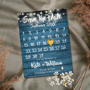Cartão Postal De Anúncio Calendário de Madeira Rústica Azul Coração Dourado