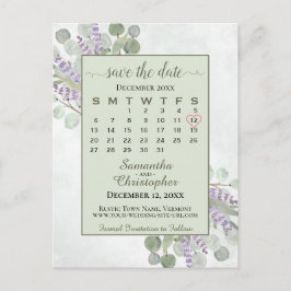 Cartão Postal De Anúncio Calendário de Noivado "Save the Date" Verde Eucali