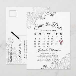 Cartão Postal De Anúncio Calendário de Salvar a Data do Casamento em Preto 