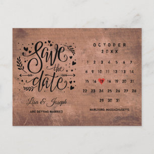 Cartão Postal De Anúncio Calendário de Salve a Data Coração de Amor Rústico
