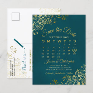 Cartão Postal De Anúncio Calendário de Salve a Data de Casamento em Azul Es
