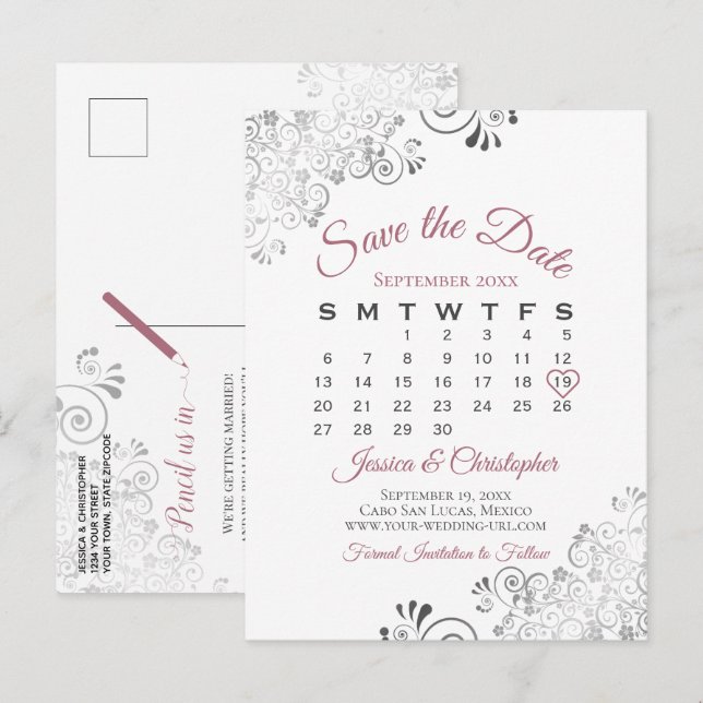 Cartão Postal De Anúncio Calendário de Salve o Dia de Casamento Rosa Empoei (Frente/Verso)