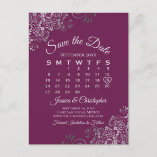 Cartão Postal De Anúncio Calendário de Silver & Cassis Wedding Save the Dat