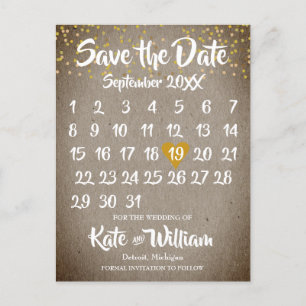 Cartão Postal De Anúncio Calendário do Amor Coração em Ouro Boho Rústico Sa
