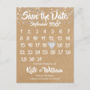 Cartão Postal De Anúncio Calendário do Coração de Amor Rustic Silver Salva