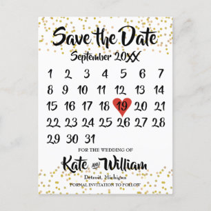 Cartão Postal De Anúncio Calendário do Dia do Amor em Poeira Dourada Save t