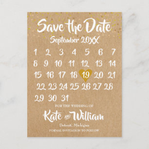 Cartão Postal De Anúncio Calendário Dourado do Coração Rustic Kraft Salvar
