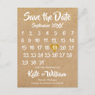 Cartão Postal De Anúncio Calendário Dourado do Coração Rustic Kraft Salvar