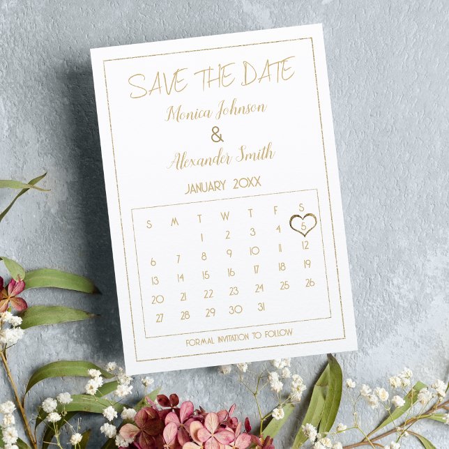 Cartão Postal De Anúncio Calendário Elegante Glam Branco Dourado Salve a Da (Elegant Glam White Gold Calendar Save the Date )