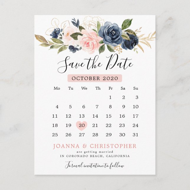 Cartão Postal De Anúncio Calendário Rosa Rosa Azul Marinho Salve a Data (Frente)