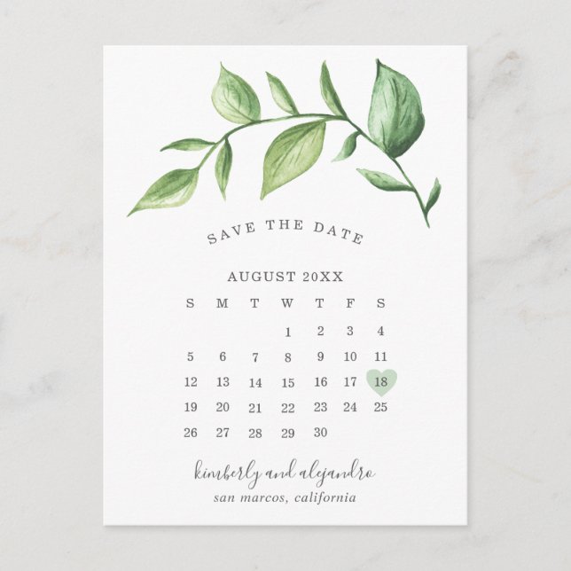 Cartão Postal De Anúncio Calendário Rustic Greenery Save the Date (Frente)