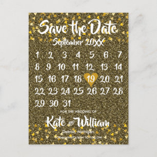 Cartão Postal De Anúncio Calendário Salve a Data Dourado Corações Brilho