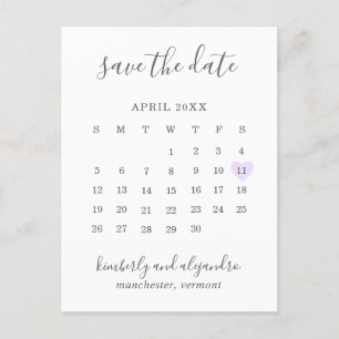 Cartão Postal De Anúncio Calendário Simples Pastel Purple Heart Salvar a Da