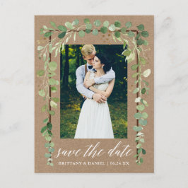 Cartão Postal De Anúncio Caligrafia Botânica Save The Date Madeira Kraft