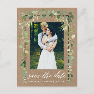 Cartão Postal De Anúncio Caligrafia Botânica Save The Date Madeira Kraft