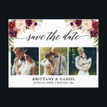 Cartão Postal De Anúncio Caligrafia Burgundy Floral Save The Date 3 Foto<br><div class="desc">Script de Caligrafia Moderna,  Floral de Aquarela Burgundy,  Anúncio de Noivado Save The Date Casal Cartão Postal 3 Fotos</div>