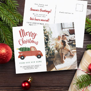 Cartão Postal De Anúncio Caligrafia Merry Christmas Tree Red Car Moving
