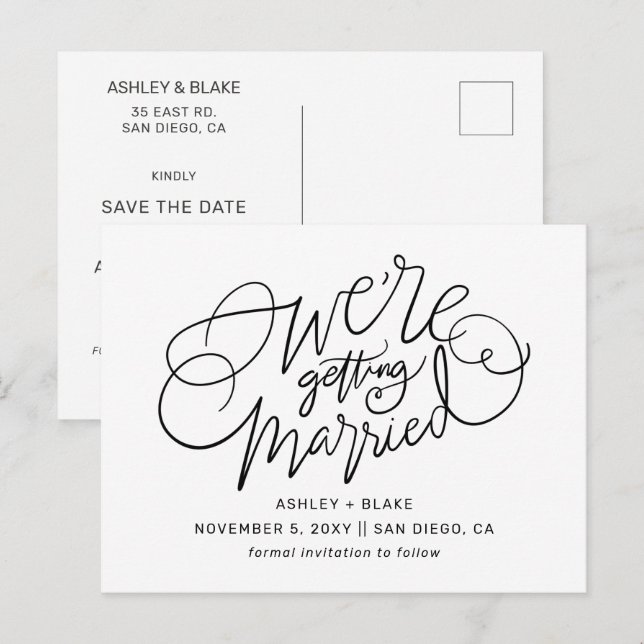 Cartão Postal De Anúncio Caligrafia Simples Preta Guarda a Data (Frente/Verso)