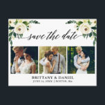 Cartão Postal De Anúncio Caligrafia Verde Floral Save The Date 3 Fotos<br><div class="desc">Script de Caligrafia Moderna,  Aquarela Verde Branco Floral,  Save The Date Anúncio de Noivado Casal 3 Fotos Cartão Postal</div>