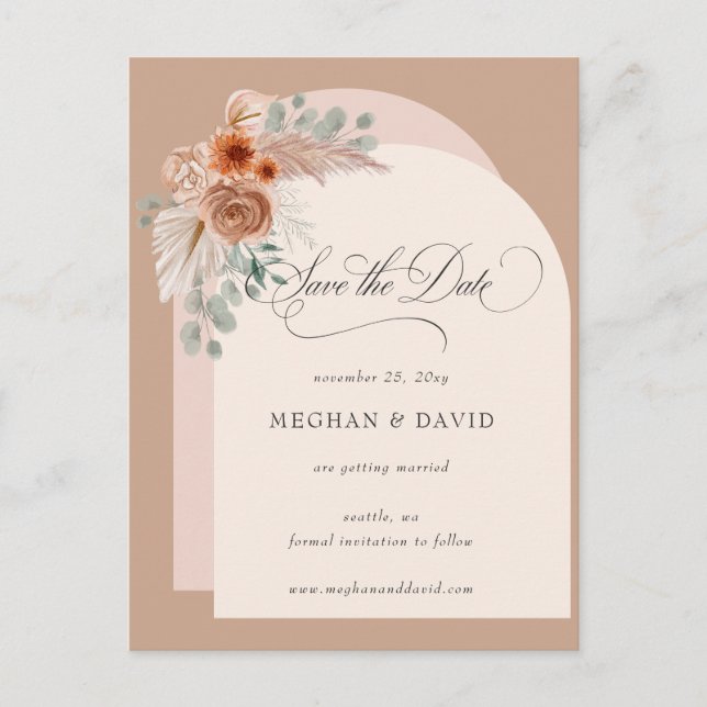 Cartão Postal De Anúncio Calliografia Boho Terracotta Pampas Salva a Data (Frente)