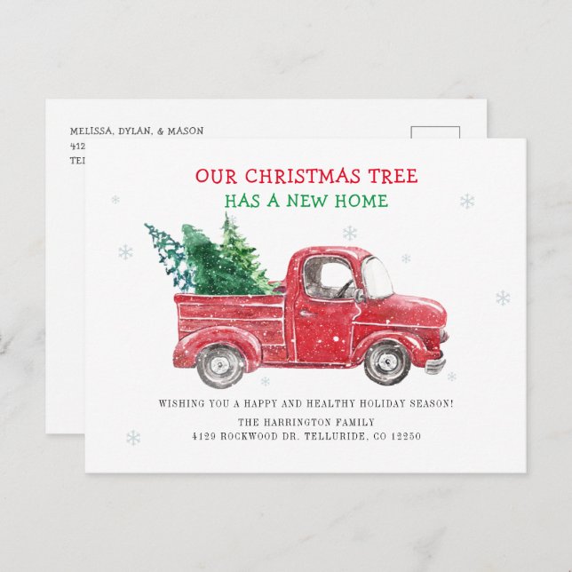 Cartão Postal De Anúncio Caminhão Vermelho Antigo Mudamos para o Feriado (Frente/Verso)