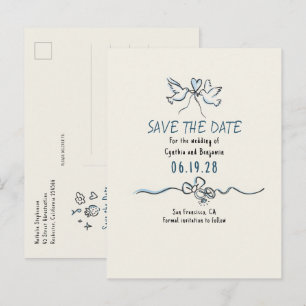 Cartão Postal De Anúncio Caprichoso Save The Date Desenhado à Mão Funky