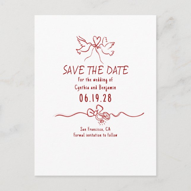 Cartão Postal De Anúncio Caprichoso Save The Date Desenhado à Mão Funky (Frente)
