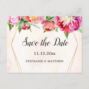 Cartão Postal De Anúncio Cartão de Casamento de Peônia Coral Geométrica Mod