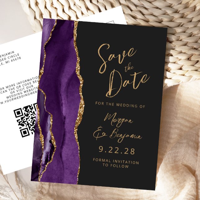 Cartão Postal De Anúncio Cartão de Data de Casamento com Código QR em Ágata (Criador carregado)