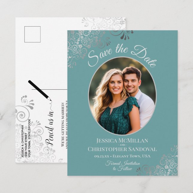 Cartão Postal De Anúncio Cartão de Data de Casamento Prata e Turquesa com F (Frente/Verso)