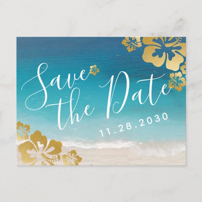 Cartão Postal De Anúncio Cartão de Data de Salvamento de Casamento de Praia (Frente)
