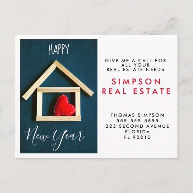 Cartão Postal De Anúncio Cartão de Indicação de Imóveis House Heart Ano Nov (Frente)