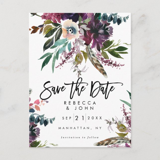Cartão Postal De Anúncio cartão de salvar a data de casamento floral boho p (Frente)