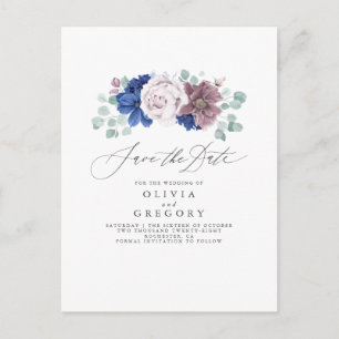 Cartão Postal De Anúncio Cartão de Salvar a Data Floral Azul Marinho e Mauv