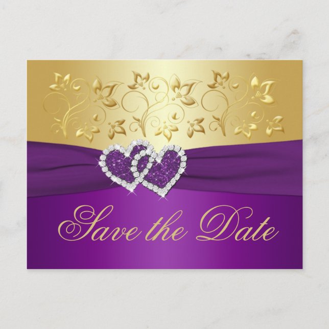 Cartão Postal De Anúncio Cartão de Salvar a Data Floral Roxo e Dourado (Frente)