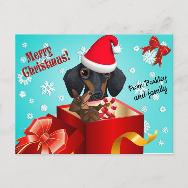 Cartão Postal De Anúncio Cartão de Saudação de Natal Bonito Dachshund (Frente)