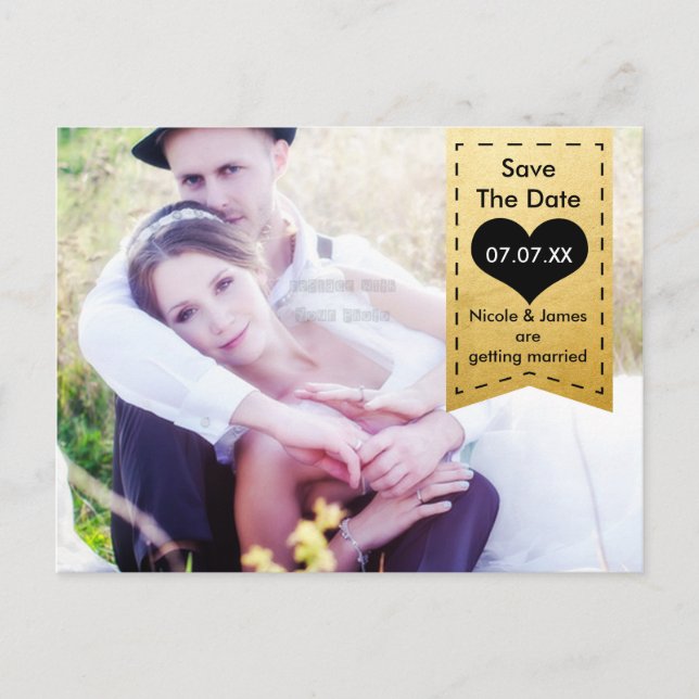 Cartão Postal De Anúncio Cartão de SAVE THE DATE com Foto em Folha Dourada  (Frente)