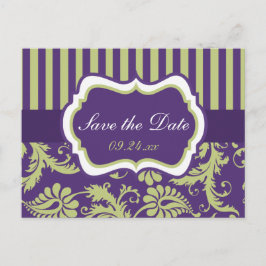 Cartão Postal De Anúncio Cartão de Save the Date de Damasco Roxo, Branco e