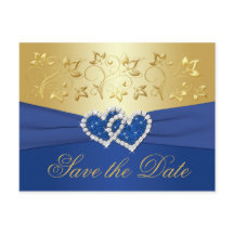 Cartão de Save the Date Floral Azul Real e Dourado