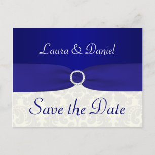Cartão Postal De Anúncio Cartão-postal Azul e Ivory Damask Save the Date