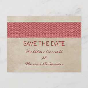 Cartão Postal De Anúncio Cartão-postal Red Rustic Damask Save the Date