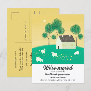 Cartão Postal De Anúncio Casa Bonita no Campo Árvores Ovelhas Mudamos