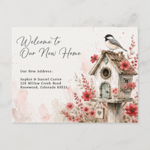 Cartão Postal De Anúncio Casa de Pássaros em Aquarela Encantadora Nova Casa