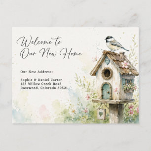 Cartão Postal De Anúncio Casa de Pássaros em Aquarela Encantadora Nova Casa