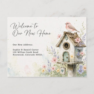 Cartão Postal De Anúncio Casa de Pássaros em Aquarela Encantadora Nova Casa