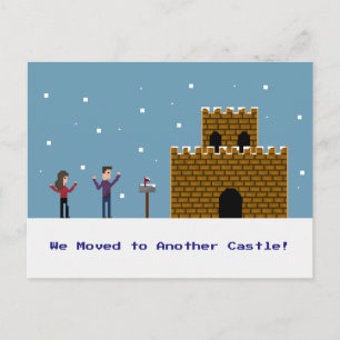 Cartão Postal De Anúncio Casal de Pixel de 8bits Nós Mudamos Para Outro Cas