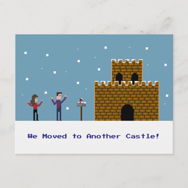 Cartão Postal De Anúncio Casal de Pixel de 8bits Nós Mudamos Para Outro Cas (Frente)