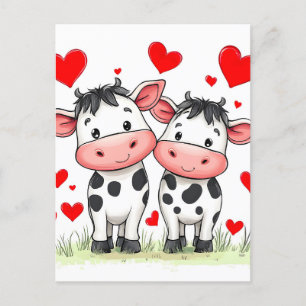 Cartão Postal De Anúncio Casal de Vaca de Desenho Animado Amor