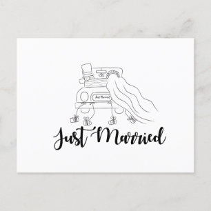 Cartão Postal De Anúncio Casal recém-casado no contorno do carro desenho à 